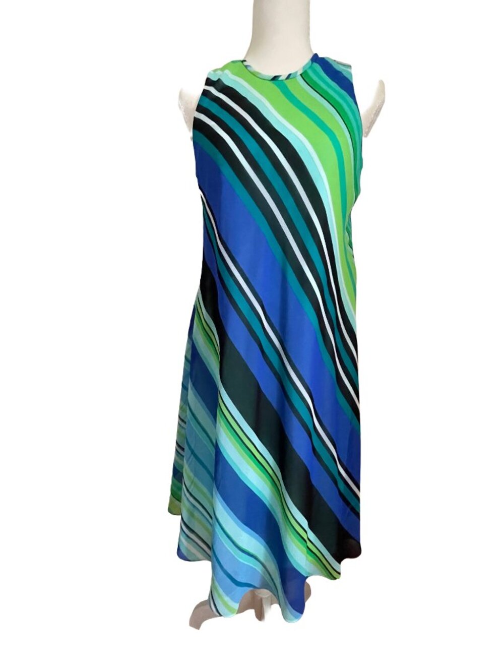 Calvin Klein Blue Green Striped Sleeveless Chiffon Maxi Dress Size 4
